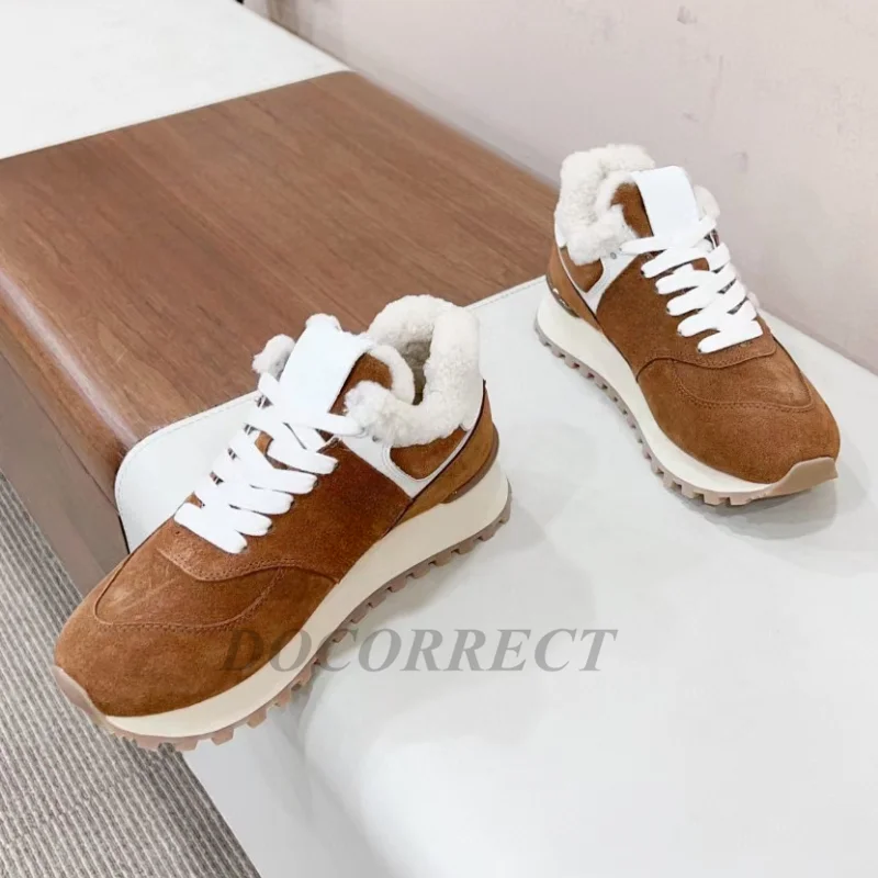 2024 New Leather Cowhide Casual Sports Shoes Winter Warm Wool Women\'s Shoes Snow Boots