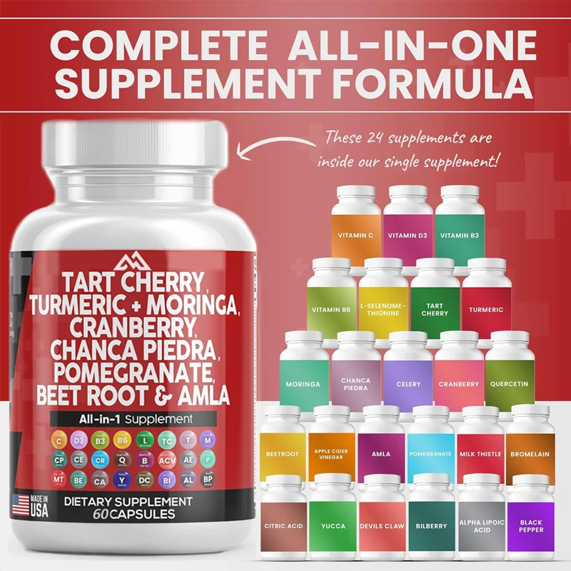 Sour Cherry Extract 60 Capsules 20000 mg Turmeric 8000 mg Moringa 4000 mg Cranberry Celery Quercetin Selenomethionine Urea