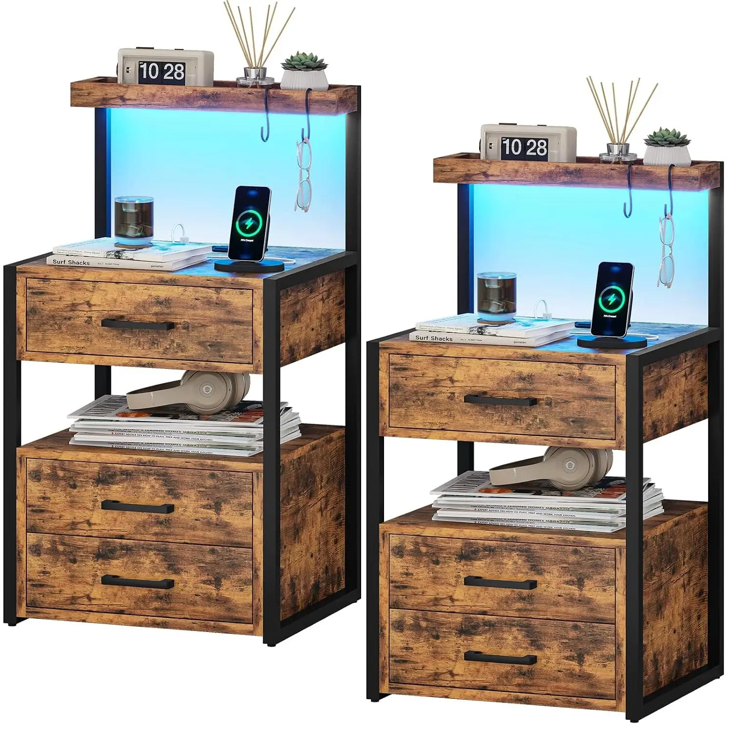 Nightstand Set of 2 with Charging Station & LED Lights, Bedside Table with 3 Drawers & Open Storage, 2 USB & 2 AC Outlets, Bedro