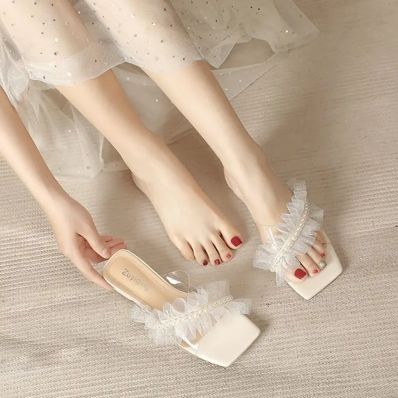 Woman Slippers Rubber Sandals Crystals Summer Rhenstone Slides Low Heel Shoes for Women 2024 Clear Wedding Jewels Open Toe B Vip