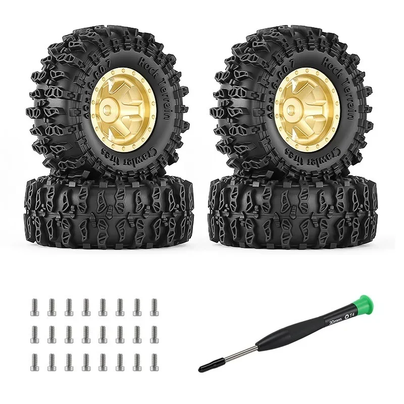 4Pcs 0.7 Inch Rubber Tires & Brass Wheel Rim Hub for AXIAL SCX30 Bronco 1/30 RC Crawler Car Upgrade Part