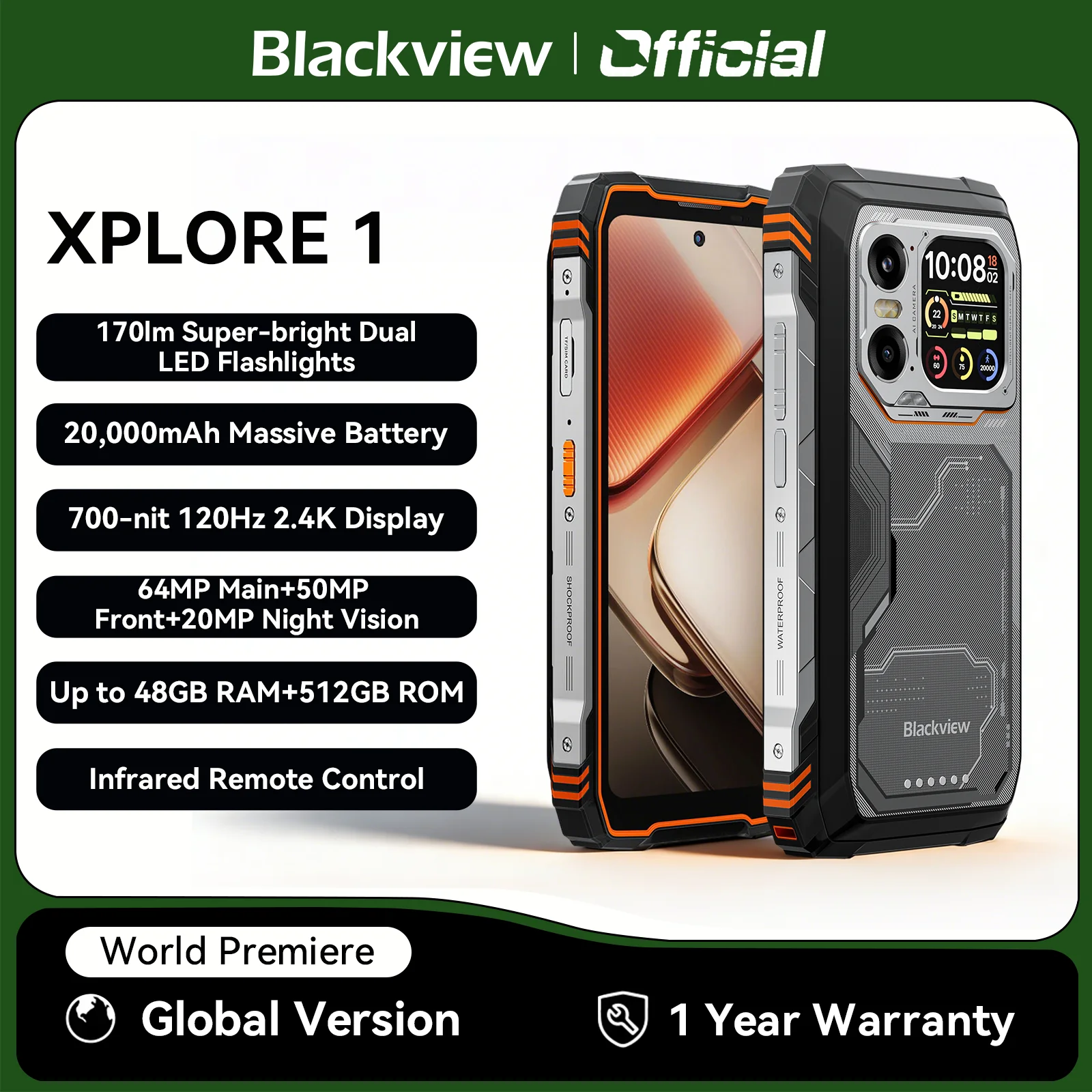 Blackview XPLORE 1 Outdoor Mobile Phone, 5G Waterproof Rugged Smartphone Android 15, 6.78'' 2.4K Display, 16GB+512GB, 20000mAh