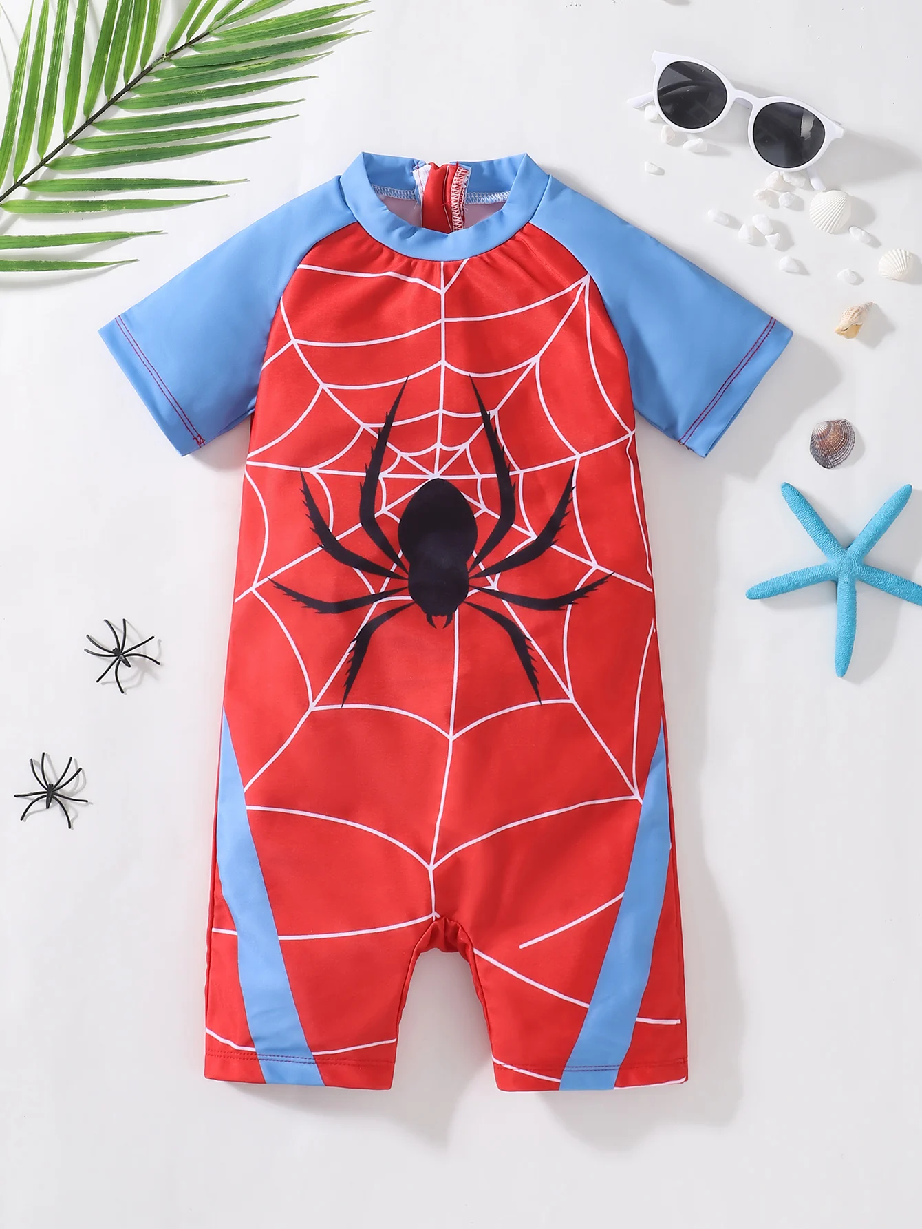Baby Boys Color Block Round Neck Spider Pattern One-Piece Swimsuit Infant Swimwear Comfortable Spandex Polyester Blend