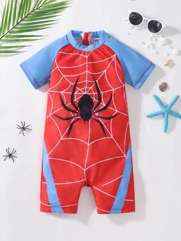 Baby Boys Color Block Round Neck Spider Pattern One-Piece Swimsuit Infant Swimwear Comfortable Spandex Polyester Blend