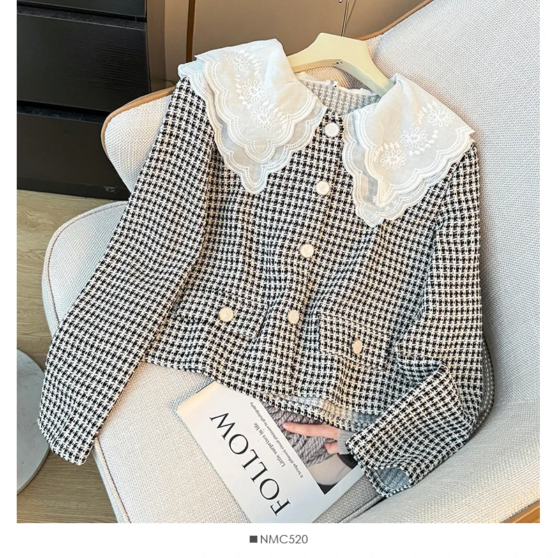 Female Autumn Sweet Double-Layer Doll Collar Checkered Single Breasted Short Jacket Coats