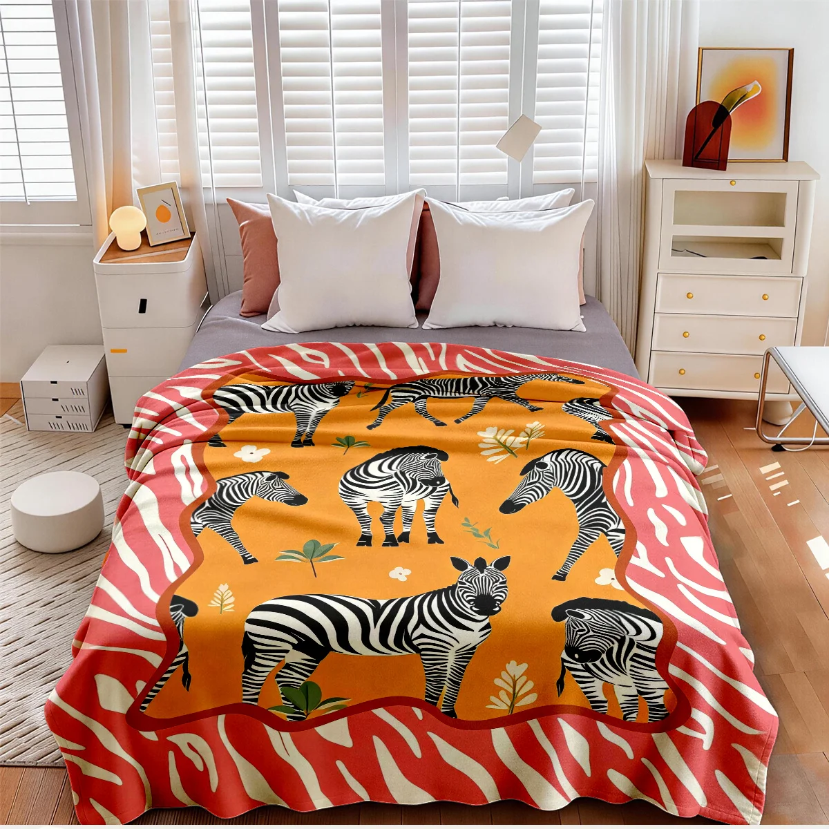 Boho Zebra Flannel Blanket Pink Zebra Stripe Border Wild Animal Floral Print Throw Soft Warm Blanket for Sofa Bedroom Home Room