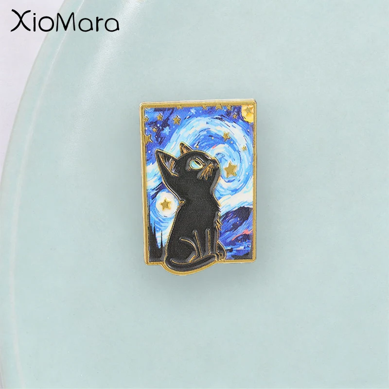 Starry Night Black Cat Enamel Pin, Art Painting Starry Sky Kitten Badge, Fashion Clothes Backpacks Accessory,Gift for Art Lover