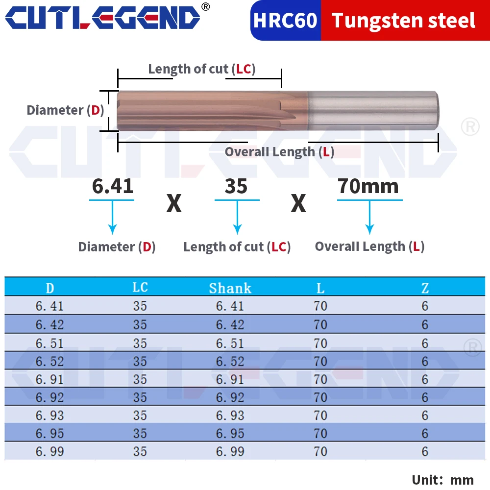 Carbide Machine Reamer Spiral straight 6.01-6.09 6.41-6.49 6.51-6.59 6.91-6.99mm 6 Flute CNC Chucking Reamer Cutting Tools