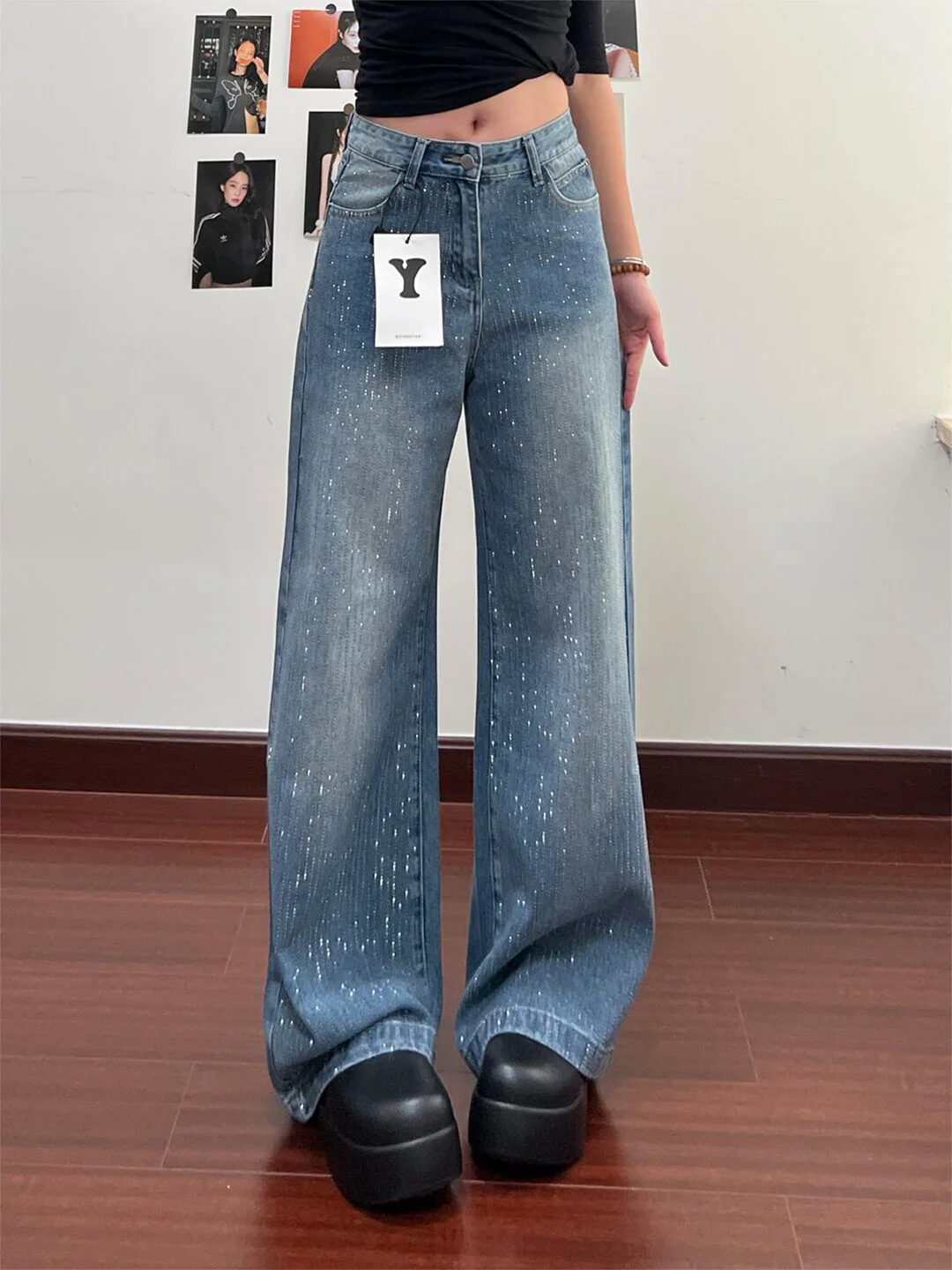 

Ретро-джинсы американского стиля с широкими штанинами для женщин, летняя новинка, облегающие, с высокой талией, украшенные стразами, свободного кроя, повседневные джинсовые брюки