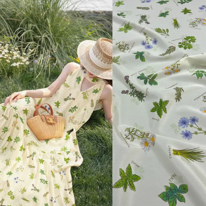 Light Green Herb & Botanical Print Silk Stretch Crepe De Chine Fabric Mulberry Silk Material For Dresses 140cm Wide Blouse