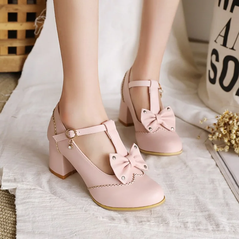 Sweet Lolita Mary Jane Pumps Large Size Bow Rivet T-strap Block Heel Vintage Dark Student Cosplay Women Shoes