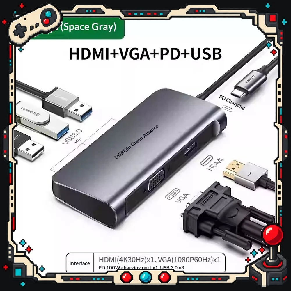 UGREEN 50319 6 in 1 USB C Hub HDMI 4K VGA 1080P 3 USB 3.0 PD Adapter for Laptop PC Monitor