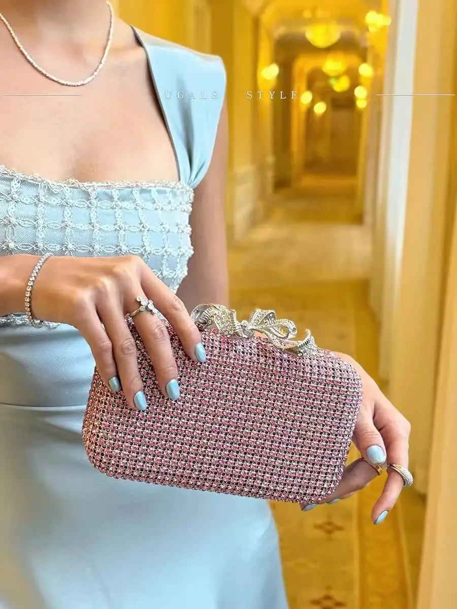 Glitter Metallic Bow Knot Evening Bag Wedding Party Exquisite Clutch Purse Women Handbag Crystal Rhinestones Diamond Banquet Bag