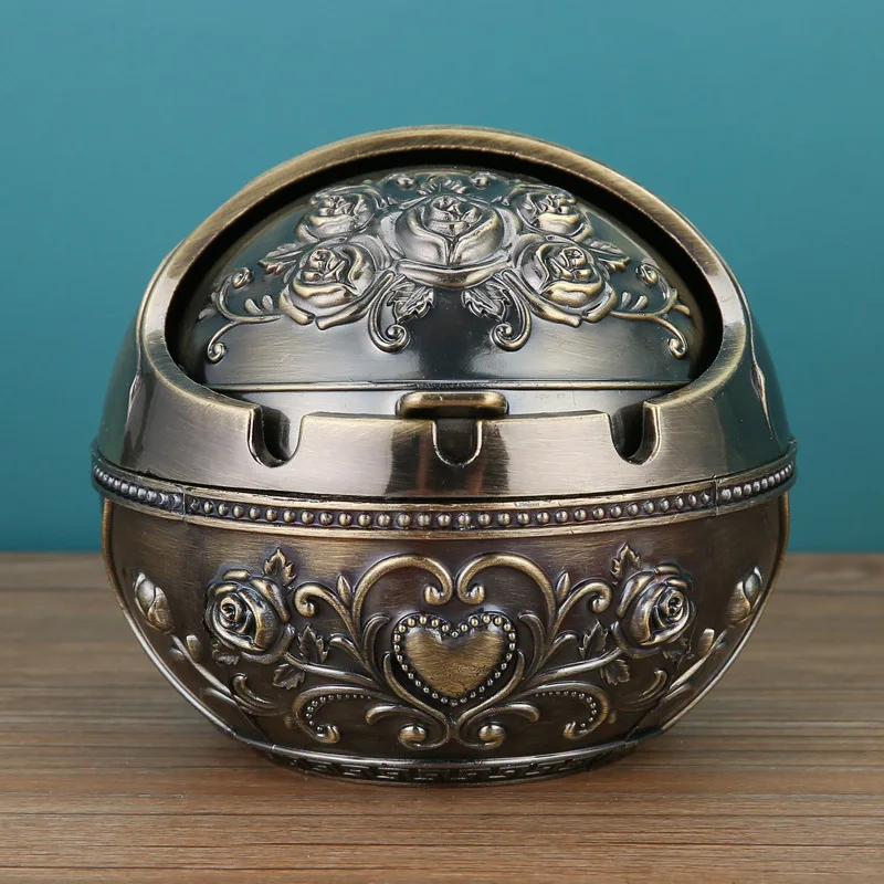 

New Ashtray Zinc Alloy Windproof Semi Closed Cover 3D Enamel Design Globe Ashtray Large-bronze-rose
