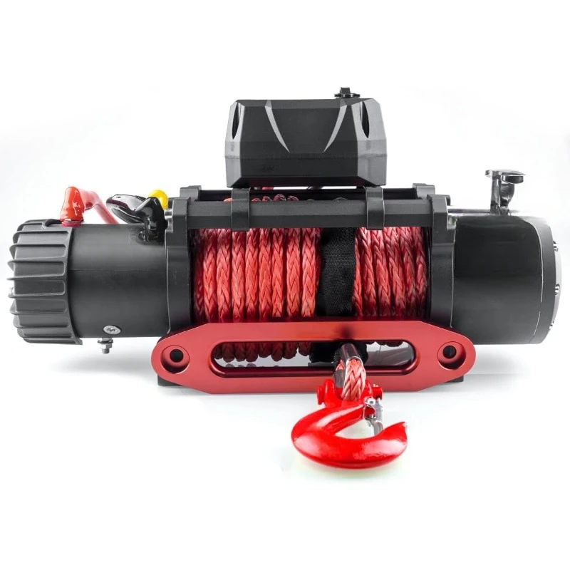 13500lb Waterproof Electric Red Synthetic Rope Winch with Hawse Fairlead, Wired Handle and 2 Infrared Remote(13500LB RED)