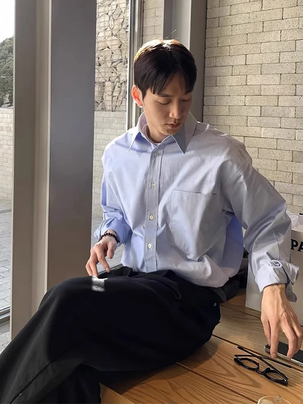 

Trendy Korean Sle Blue Long Sve irt Men's Spring Commute Casual Layering Collar Stand up Top Breathable