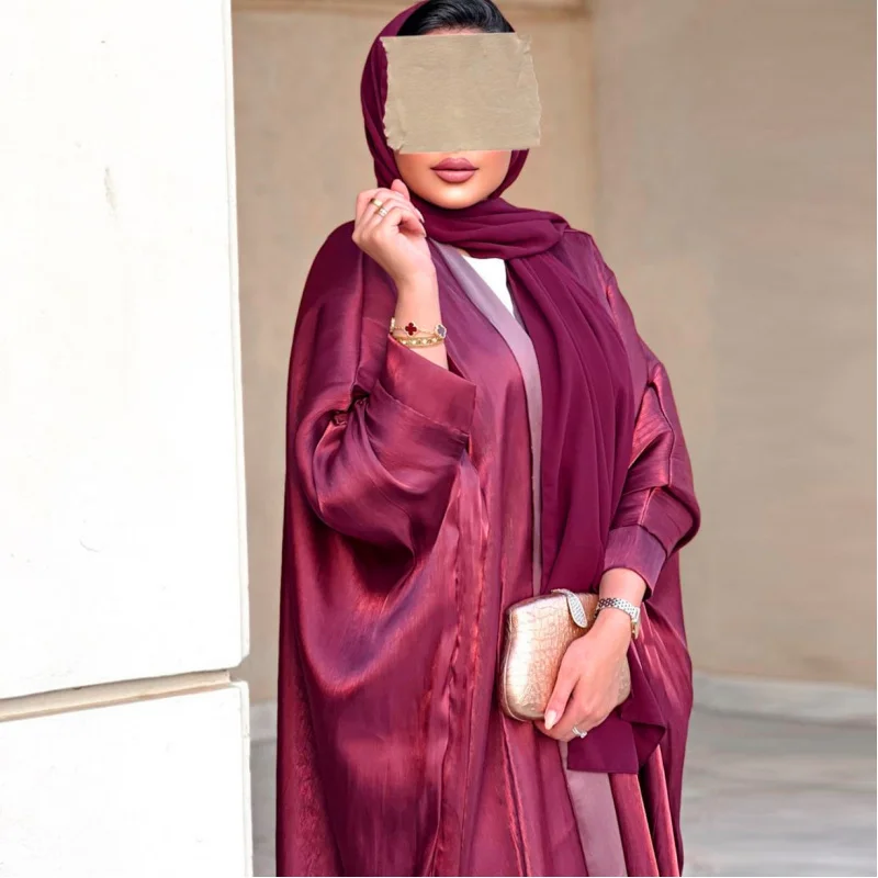 Arab Fashion Muslim White Red Abaya Dubai Luxury Modest Bright Silk Satin Batwing Sleeve Robe Clothing Eid Ramadan Cardigan