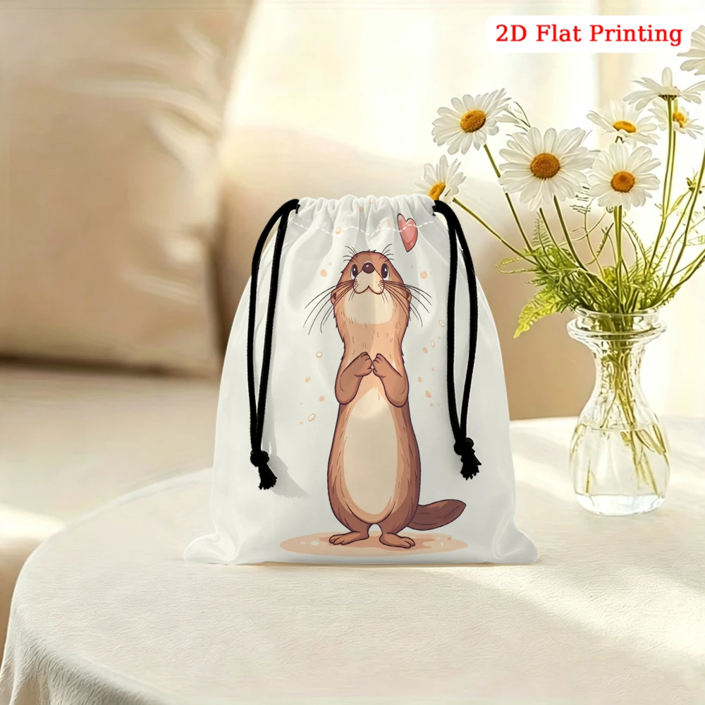 1pc Cartoon Otter Drawstring Bag White Cute Animal Print Storage Small Pouch For Travel Cosmetics Jewelry Organizer Portable Gif