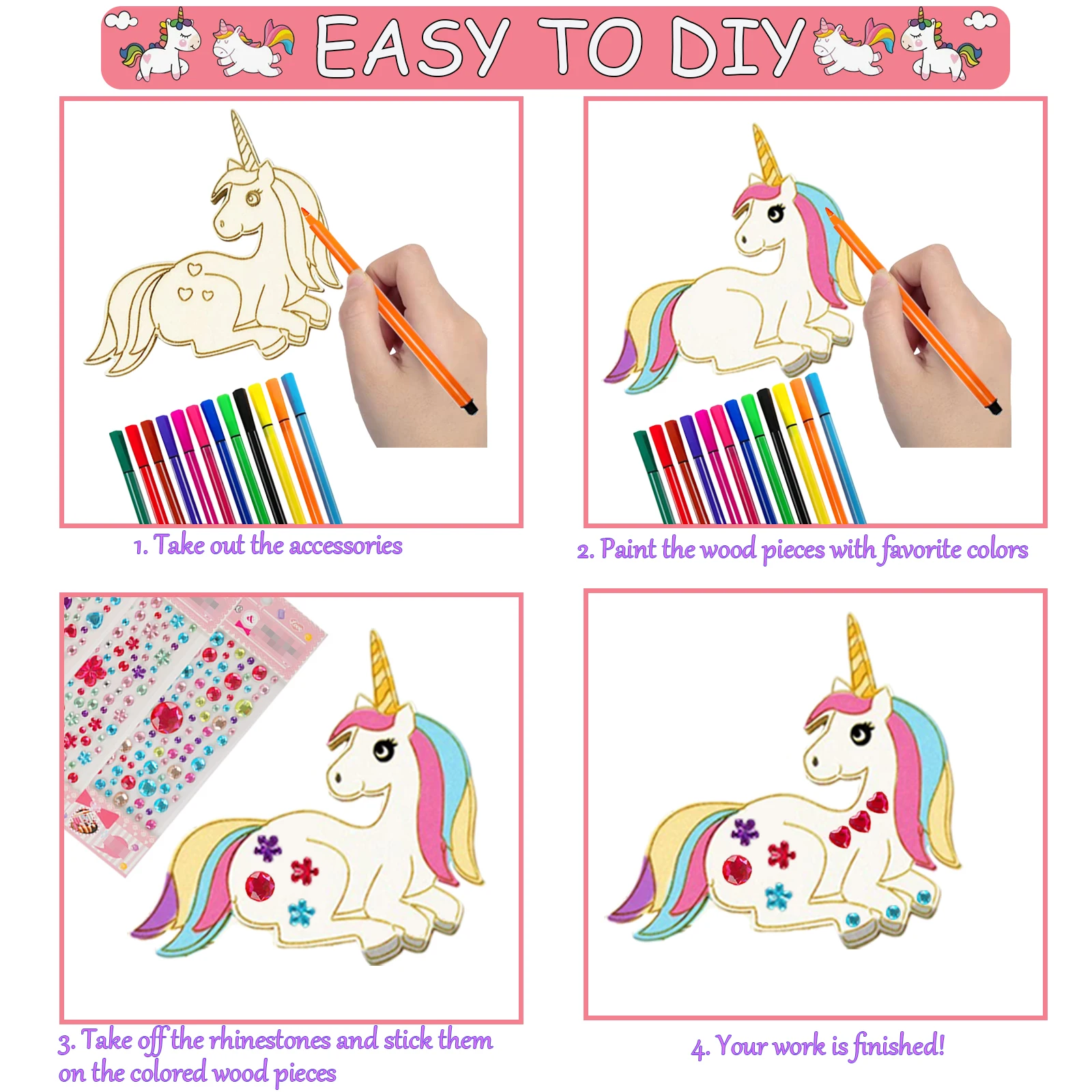 Set artigianale in legno di unicorno da 386 pezzi con 18 pezzi di legno di unicorno, 354 strass, 12 matite colorate, 2 adesivi, artigianato fai da te per ragazzi/ragazze
