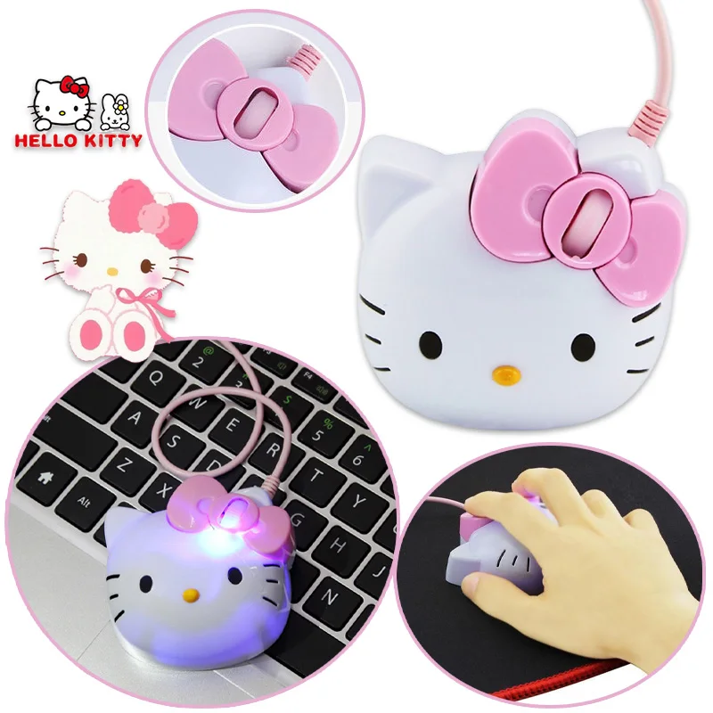 Sanrio Hello Kitty ratón con cable de dibujos animados lindo ratón niñas cabeza de gato ratón portátil Oficina hogar ratón con cable juguetes para