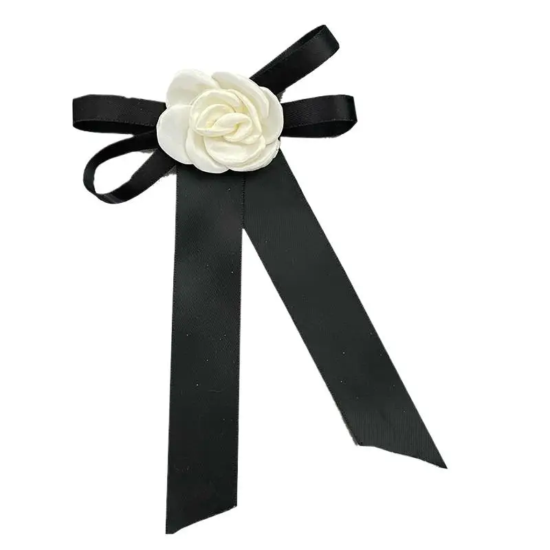 كاميليا القوس بروش أسود أبيض النسيج التعادل شارة الحداد الصدار دبوس الراقية الفرنسية حقيبة أنيقة الملابس وشاح الإكسسوارات بروش #5