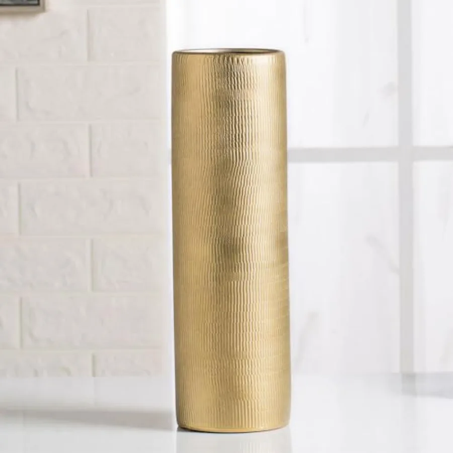 

Gold Cylinder Ceramic Vintage Vase - 13.4" Tall Decorative Texture Modern Vase for Home Decor, Rustic Farmhouse Boho Vases for