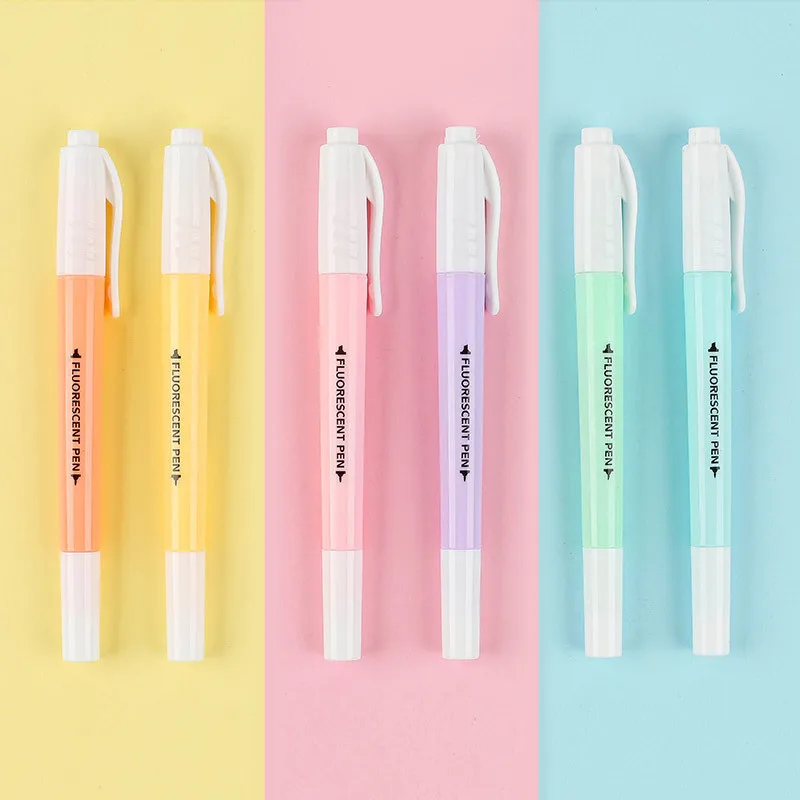 NEWYEAR 6Colors Dual Tip Highlighter Pen Set Macaron Color Highlighters Marker Pens Cute Stationery School Supplies Kawaii