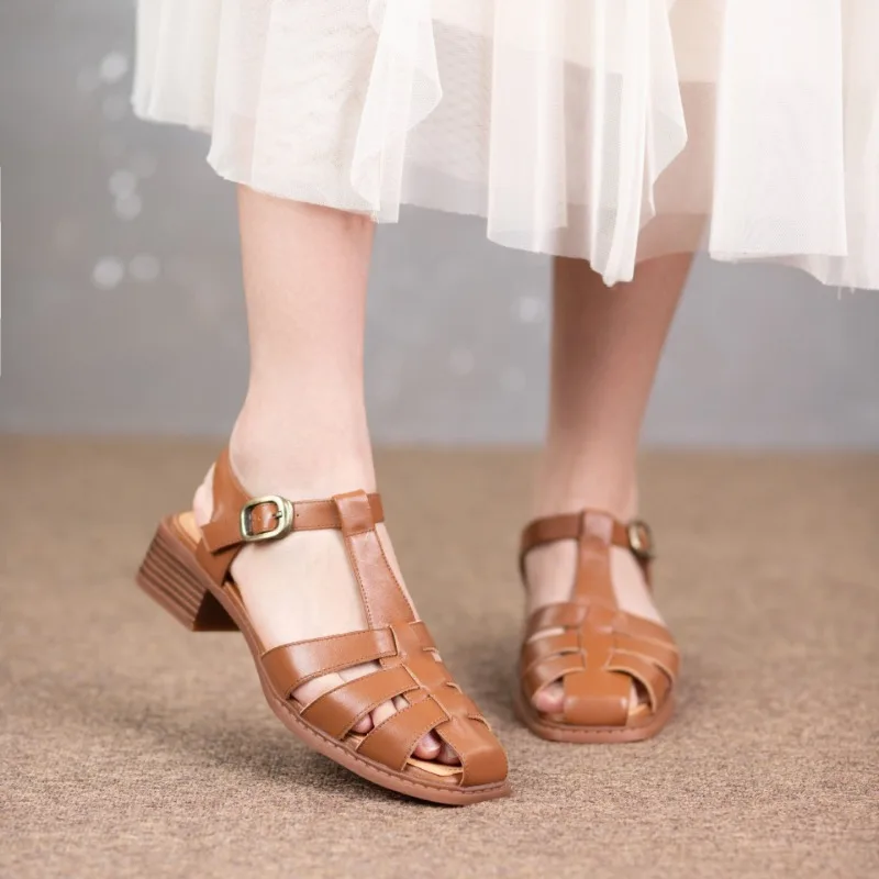 

Retro Bag Head Sandals Women's T-buckle Strap Roman Shoes Genuine Leather Low Heel Slip-on Fashion