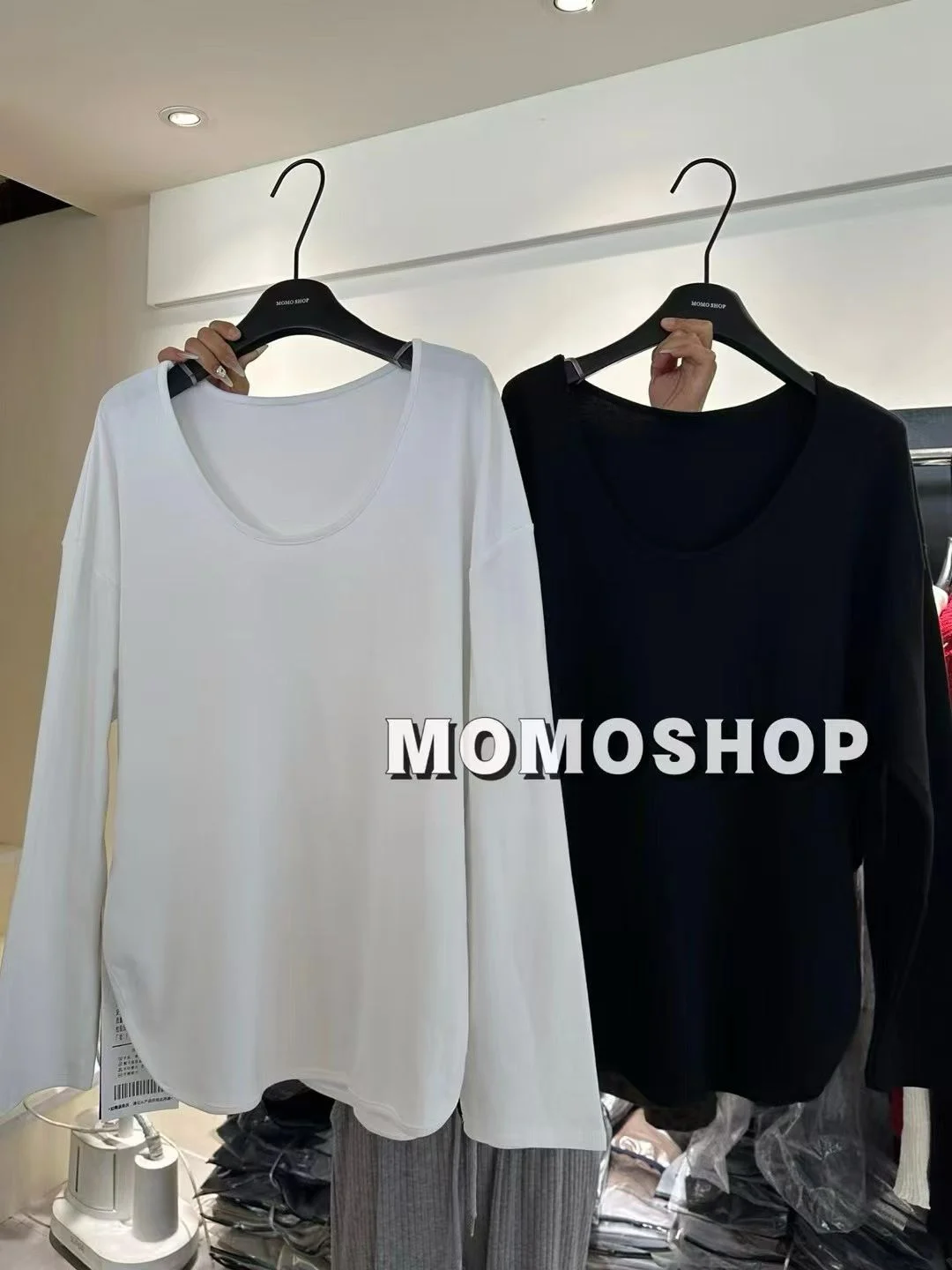 

Свободная корейская футболка с U-образным вырезом на подкладке Long Sve, женский повседневный топ средней длины, дышащий хлопковый тонкий осенний топ с...