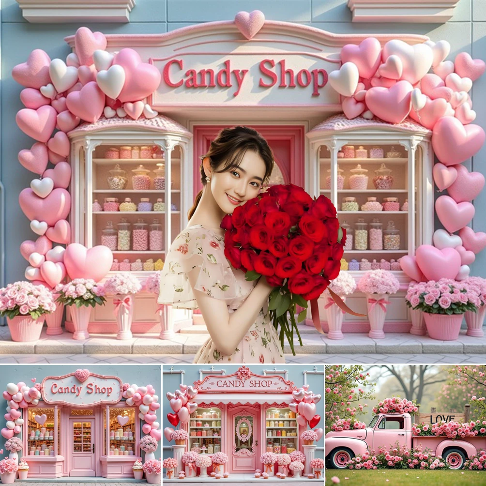 

MOON.QG Background Candy Shop Whimsical Valentine's Day Vintage Trucks Backdrops For Photography Photobooth Accessories Couple
