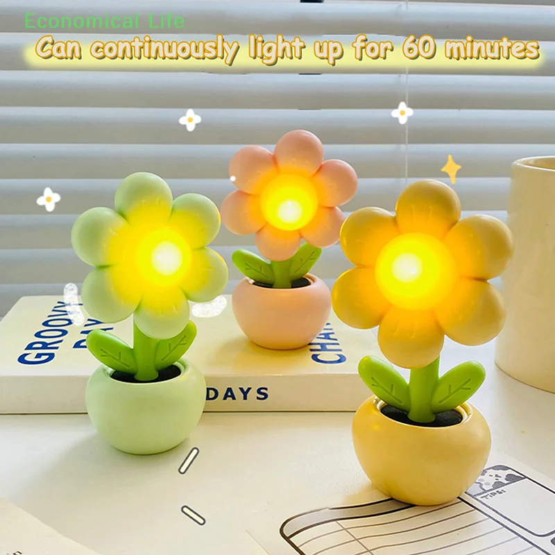

LED Floral Potted Night Light For Home Bedroom Cute Desk Table Lamp Desktop Children's Gift Flower Car Center Console Ornament