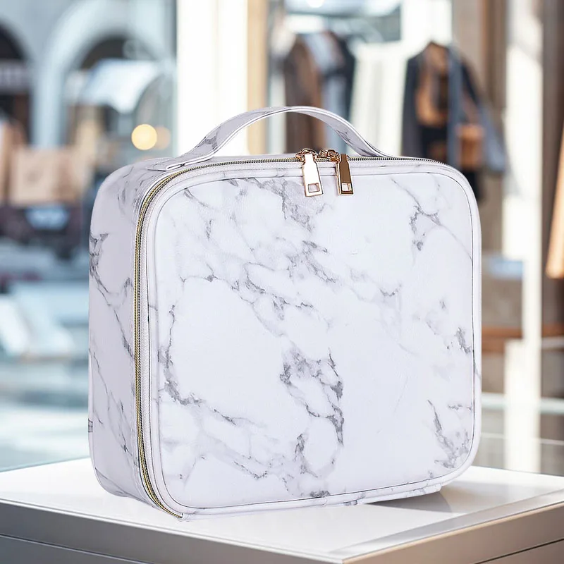 Marble PU Leather Makeup Case Large Adjustable Divider Cosmetic Organizer Bag Portable Brush Storage Travel Makeup Bag Gift For