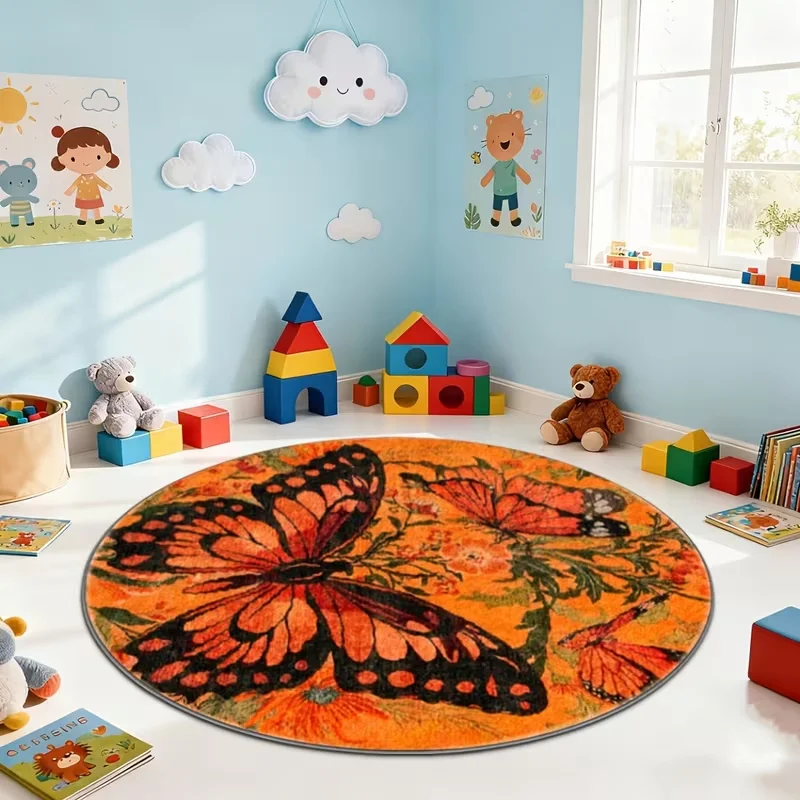 Purple Butterfly Round Area Rug Non Slip Circular Floor Mat Aesthetic Insect Pattern For Girls Bedroom Gaming Desk Home Decor
