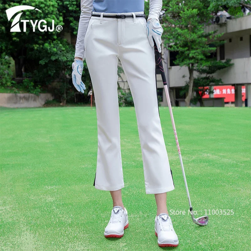 TTYGJ Women Elastic Waistband Golf Pants Ladies Slim Split Golf Trousers Women Patchwork Flared Cropped Pant Casual Sweatpants