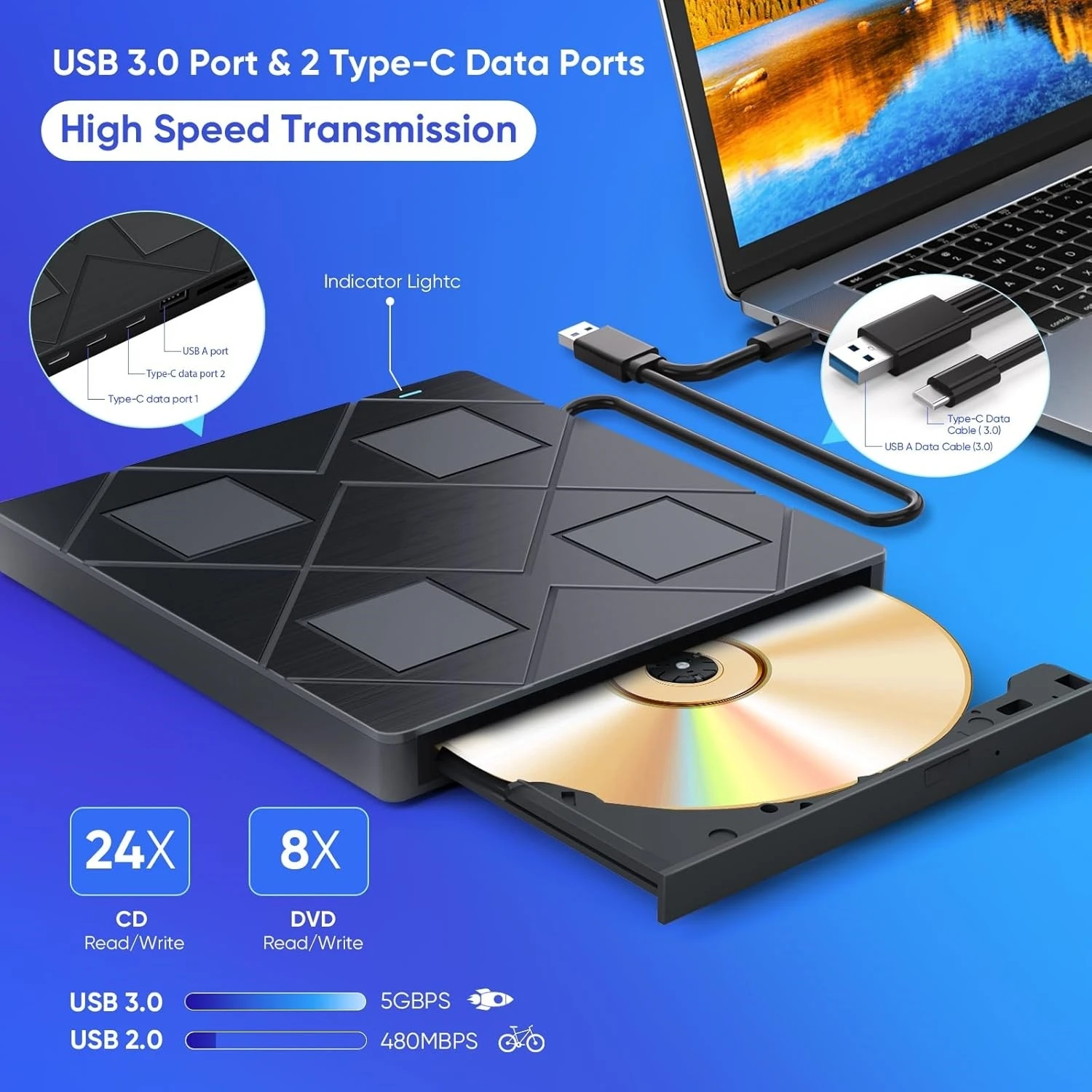 محرك أقراص CD/DVD خارجي مزود بمنفذي USB و2 منفذ من النوع c وفتحات لبطاقة TF/SD مشغل ناسخ أقراص CD DVD المحمول لأجهزة الكمبيوتر المكتبية