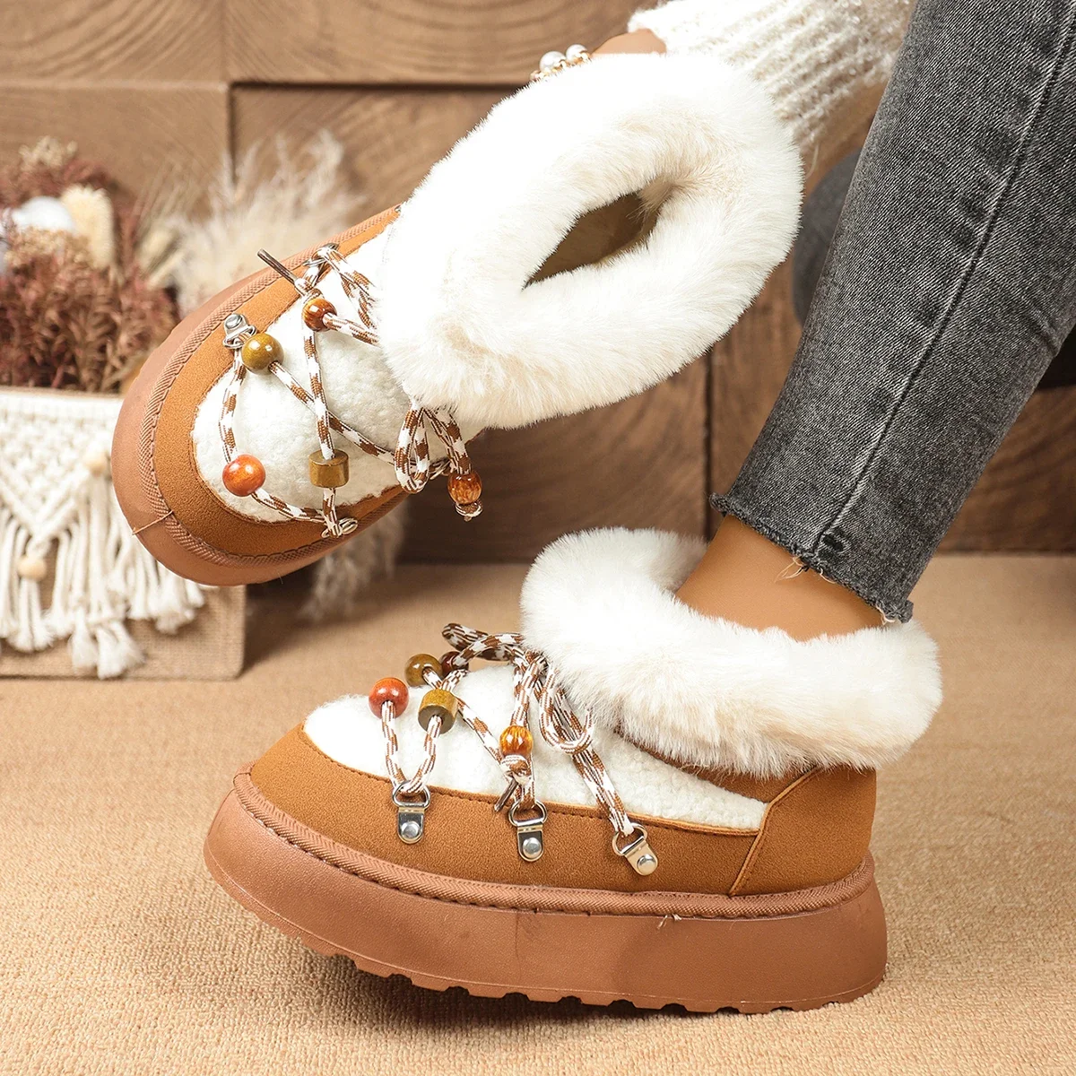 

Women Boots Fashion Cross Strap Decoration Short Plush Snow Boots Women Winter Round Toe Outdoor Thick Bottom Shoes for Women