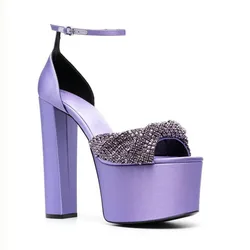 Purple Pink Fold Crystal Knot Chunky High Heels Platform Sandals Peep Toe Bling Rhinestone Drilled Bridal Wedding Shoes Women