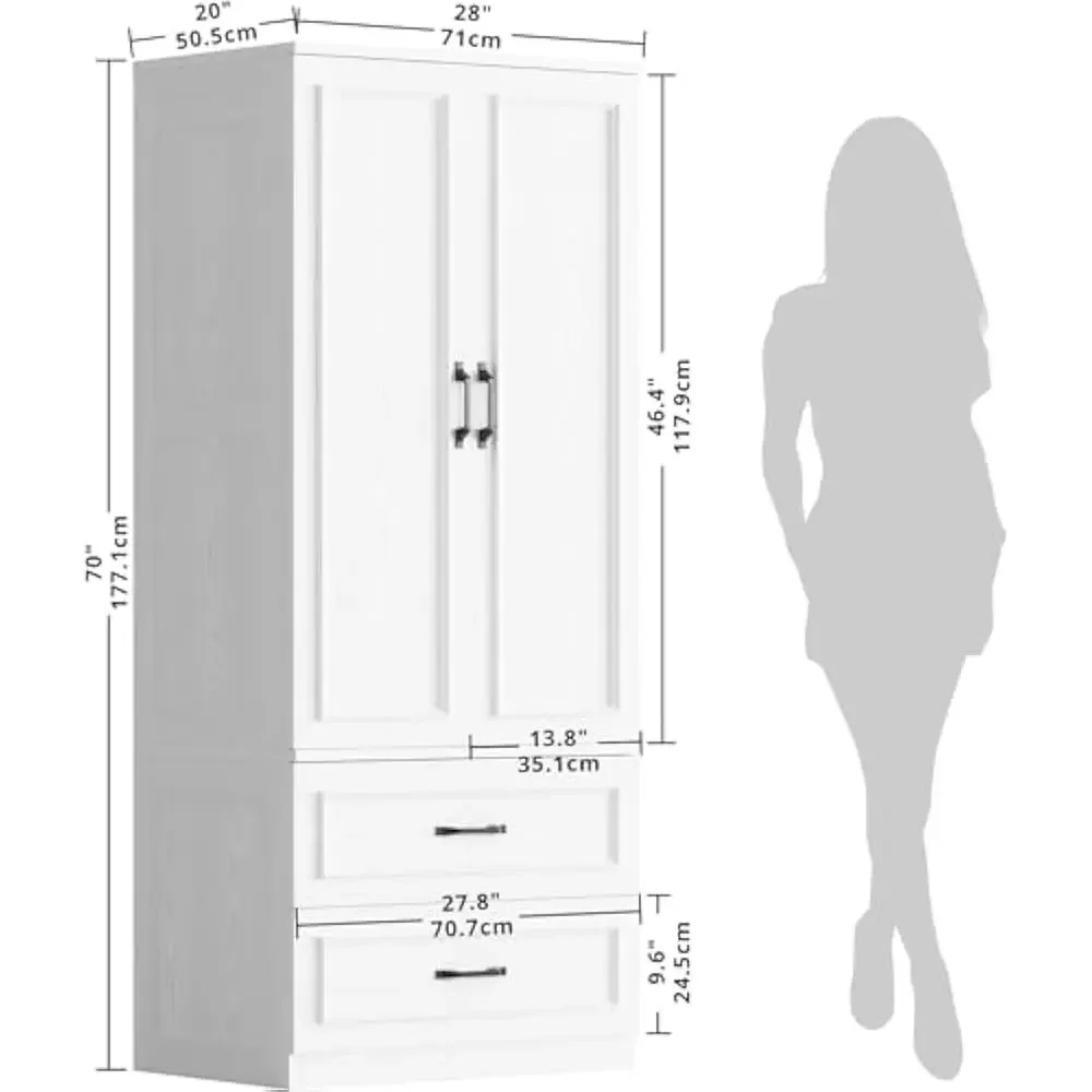 ตู้เสื้อผ้าแบบตั้งพื้นขนาด 70 นิ้ว พร้อมบานประตู 2 บาน และลิ้นชัก 2 ชั้น ทำจากไม้ สำหรับห้องนอน ใช้แขวนเสื้อผ้าได้