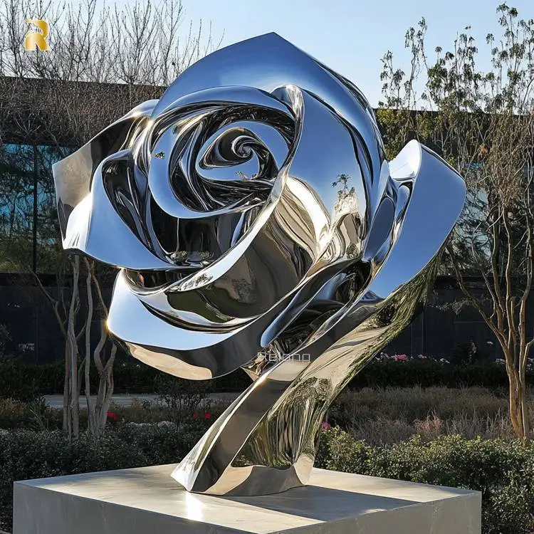 نحت زهرة معدنية مزخرفة كبيرة للحديقة، نحت ورد من الفولاذ المقاوم للصدأ #5