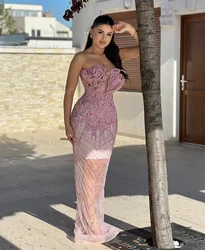 Aso Ebi Pink Party Dress Mermaid Prom Dresses Beading Crystals Women Formal Evening Gowns 2024 Robe De Soiree Customized