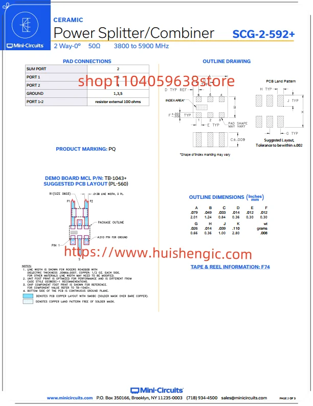 SCG-2-592+ مقسم/مجمع طاقة RF 3.8 جيجا هرتز ~ 5.9 جيجا هرتز عزل (الحد الأدنى) 11 ديسيبل، فقدان 20 ديسيبل، 7 ° عدم التوازن (الحد الأقصى) 0805 2012 متري #3