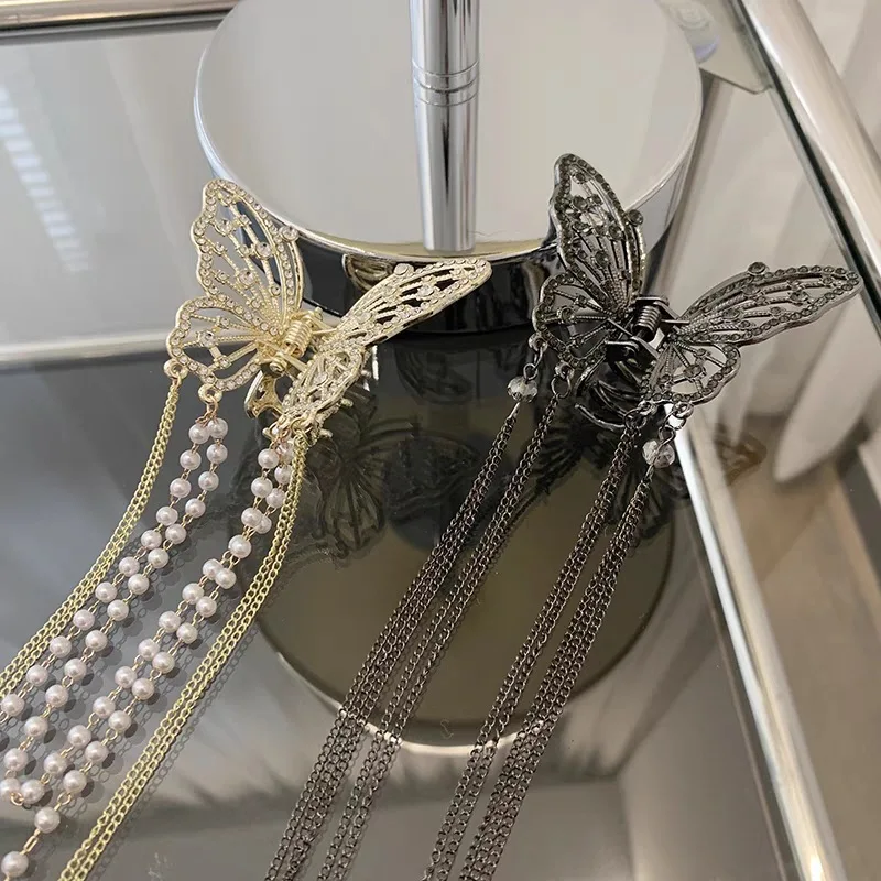 

Fairy Butterfly Tassel Pearl Hair Claw Elegant Luxury Back Head Hair Clip Versatile Fashion Hair Accessories for Women