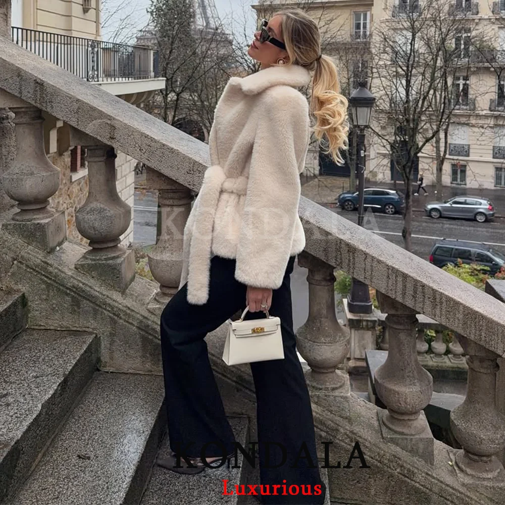 KONDALA Christmas New Year Holiday Party Jackets Women Long Sleeve Sashes Thick Warm Women Coats Fashion 2025 Chic Beige Outwear