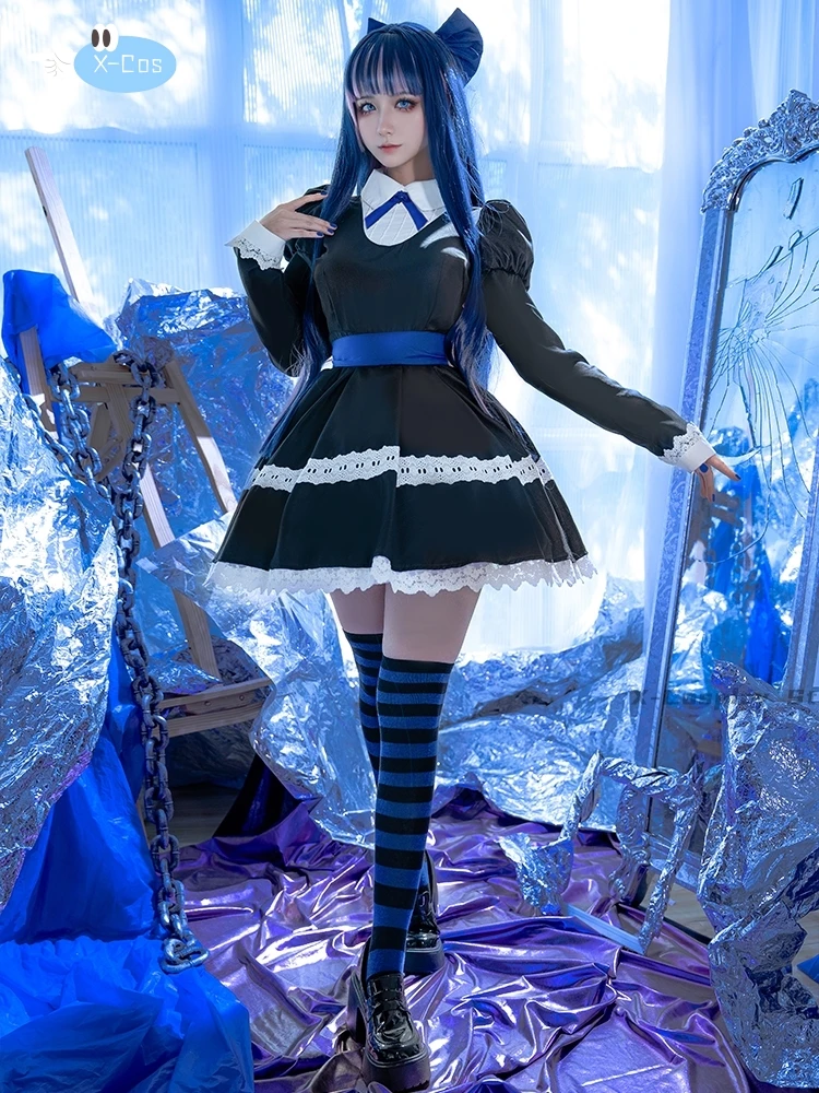 Panty & Stocking With Garterbelt Stocking Anarchy Cosplay Costume Black Dress Uniform Long Wig Bow Tie Hairpin Striped Stockings