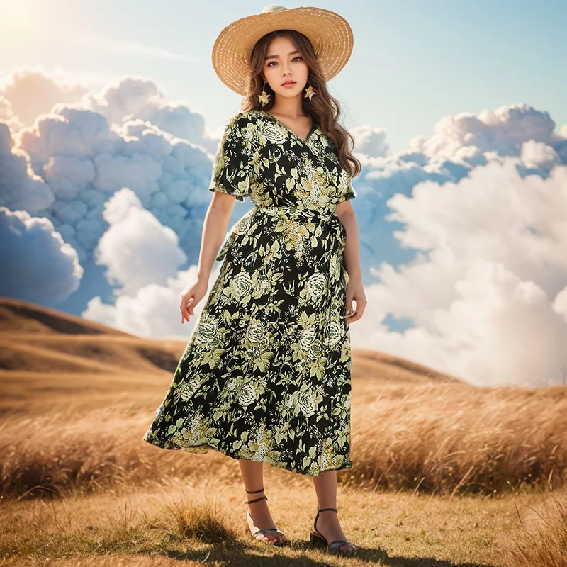 

New large size super fairy V-neck floral dress seaside vacation beach dress loose waist long dress fashionable simple elegant te