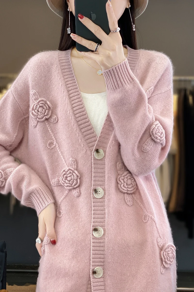 Cashmere Sweater Winter Women Sweater Thick Casual Coat Female Cardigan Long Sleeve V-Neck 100% Wool Knitted Loose Top Oversize