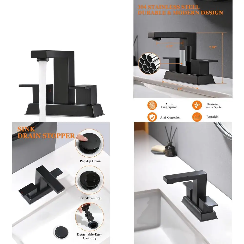 

Matte Black 2-Handle 4 Centerset Sink Faucet with Pop-Up Drain and Lead-Free Hoses for RV Lavatories