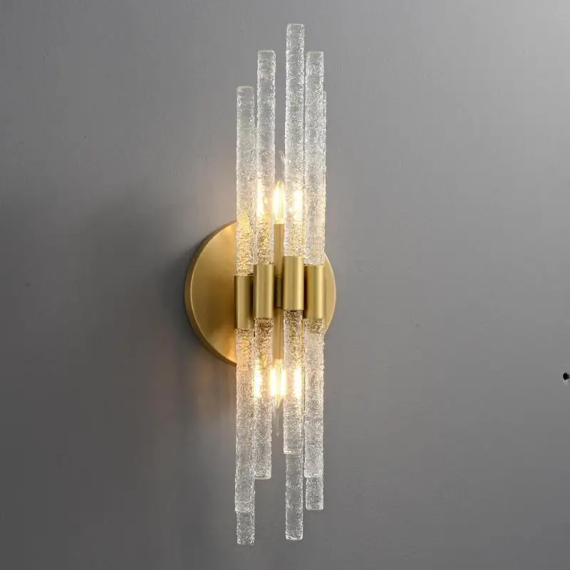 Large All Copper Parlor Foyer deco LED Wall Lamp Indoor long Water pattern glass wall sconce Living Room hotel lighting fixtures