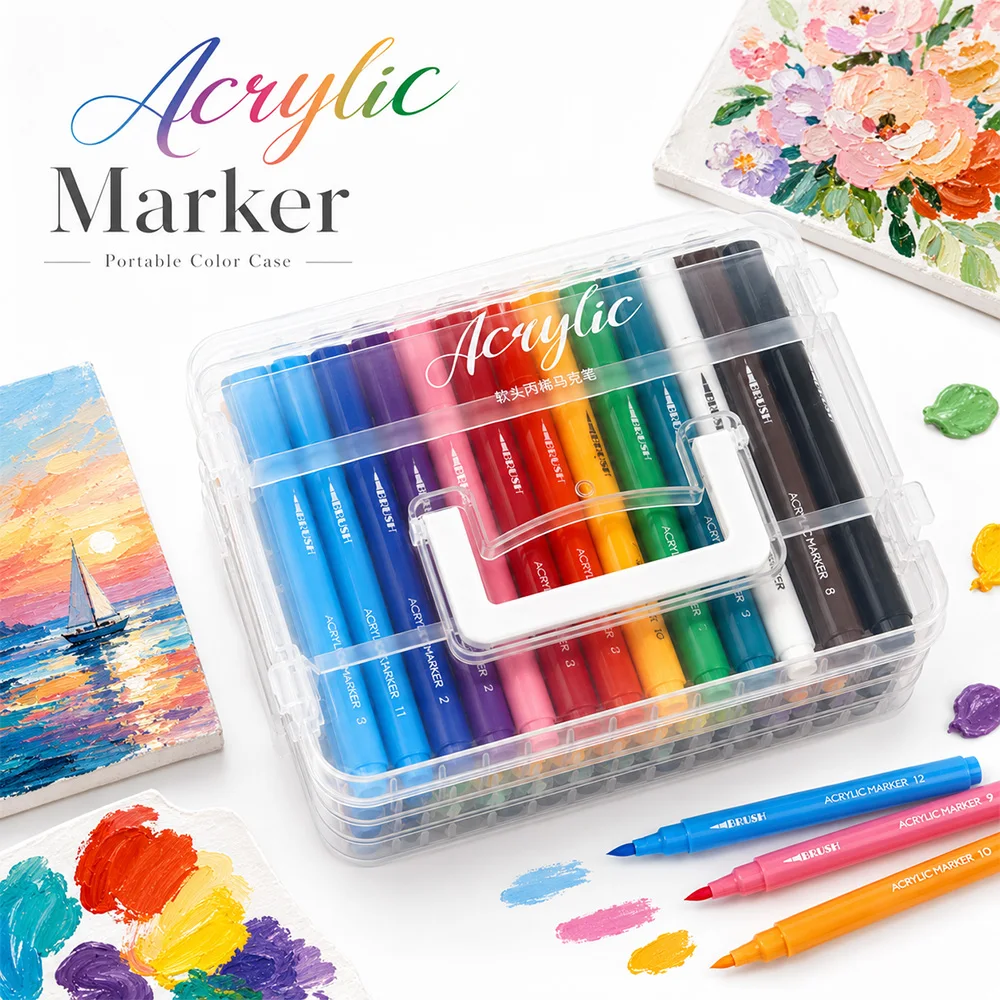 

12/24/36/48 Colors Acrylic Markers Set Artistic Painting Coloring DIY Crafts Canvas Stones Decoration Art Class Office Supplies