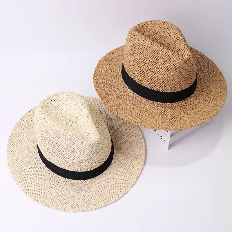 Fedoras Black Band Straw Hat Men Women Wide Brim Summer Hat Male Female Panama Hat Beach Cap Unisex Flat Brim Beach Hat